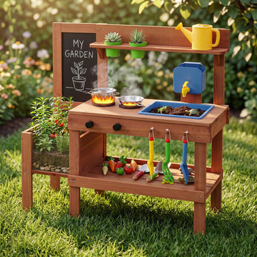 Kids Mud Kitchen with Planter Box and Sink and 13 Accessories for Ages 3+-Natural
