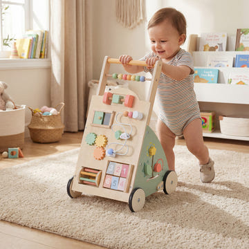 Wooden Baby Walker with Wheels and Storage Basket - Educational