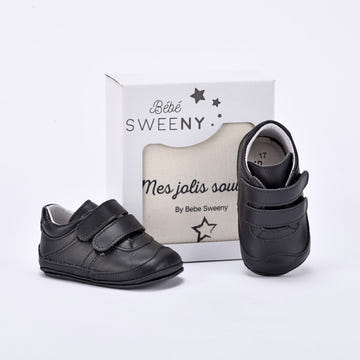 Bebe Sweeny Boys Black Leather Pre-walker Trainers Double Velcro