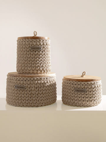 Round Storage Baskets w/ Wooden Lid Recycled