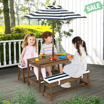 Kids Picnic Table and Bench Set with Cushions and Height Adjustable Umbrella-Blue