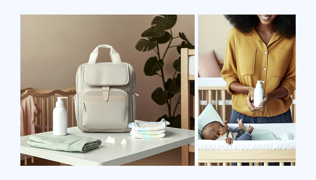 Diaper dust powder bottle on nursery changing table with diapers