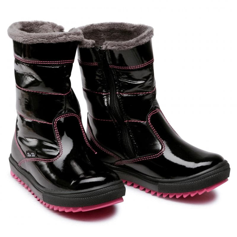 Girls winter black lacquered high boots for stylish and warm footwear. Perfect for cold weather adventures.