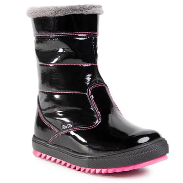 Girls winter black lacquered high boots for stylish and warm footwear. Perfect for cold weather adventures.