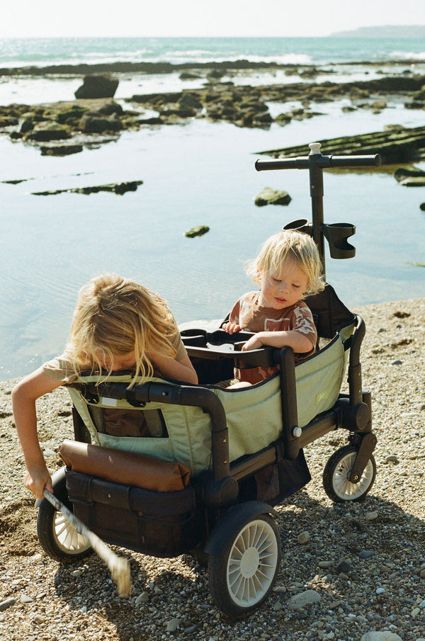 Stroller wagon in Spring Fern color, angled view showcasing its stylish design and spacious interior for babies.