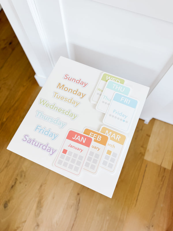 Colorful calendar flashcards and magnets for early learning, showcasing days, months, and seasons for sensory play.