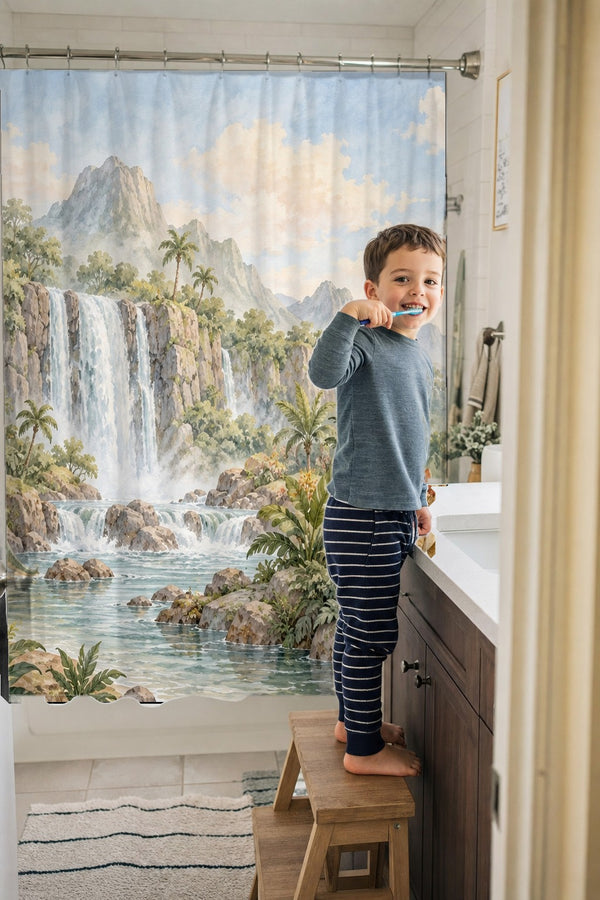 Child brushing teeth in a family bathroom with the Tropical Dinosaur Garden shower curtain