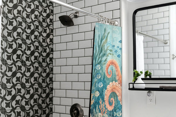 Friendly Octopus Ocean shower curtain in a modern farmhouse bathroom with subway tile