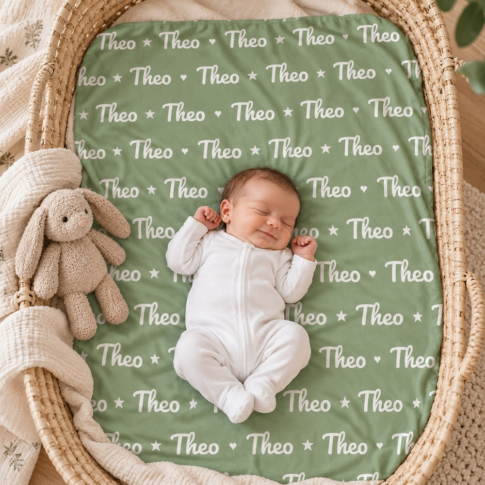 Classic Name swaddle blanket, personalized, styled photo 1