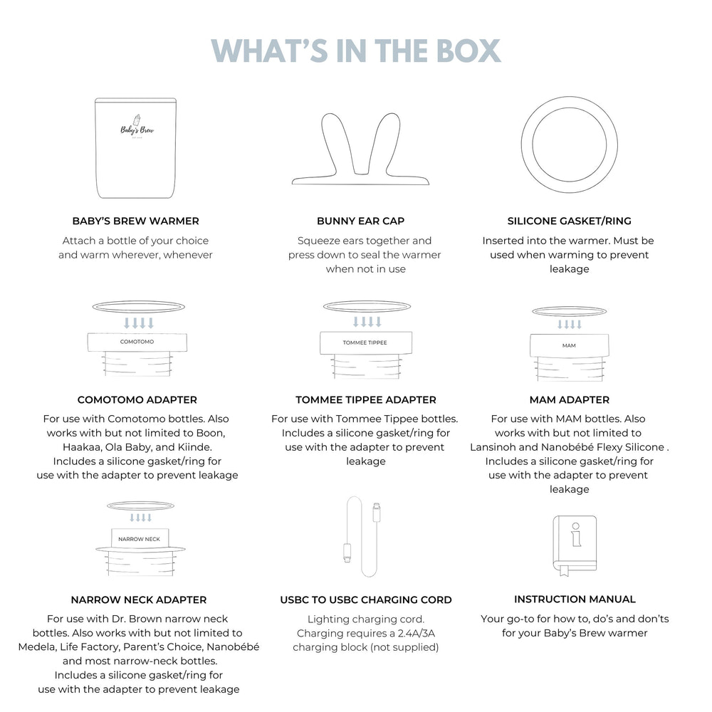 Portable bottle warmer adapter set with warmer and four adapters for convenient baby feeding on-the-go.