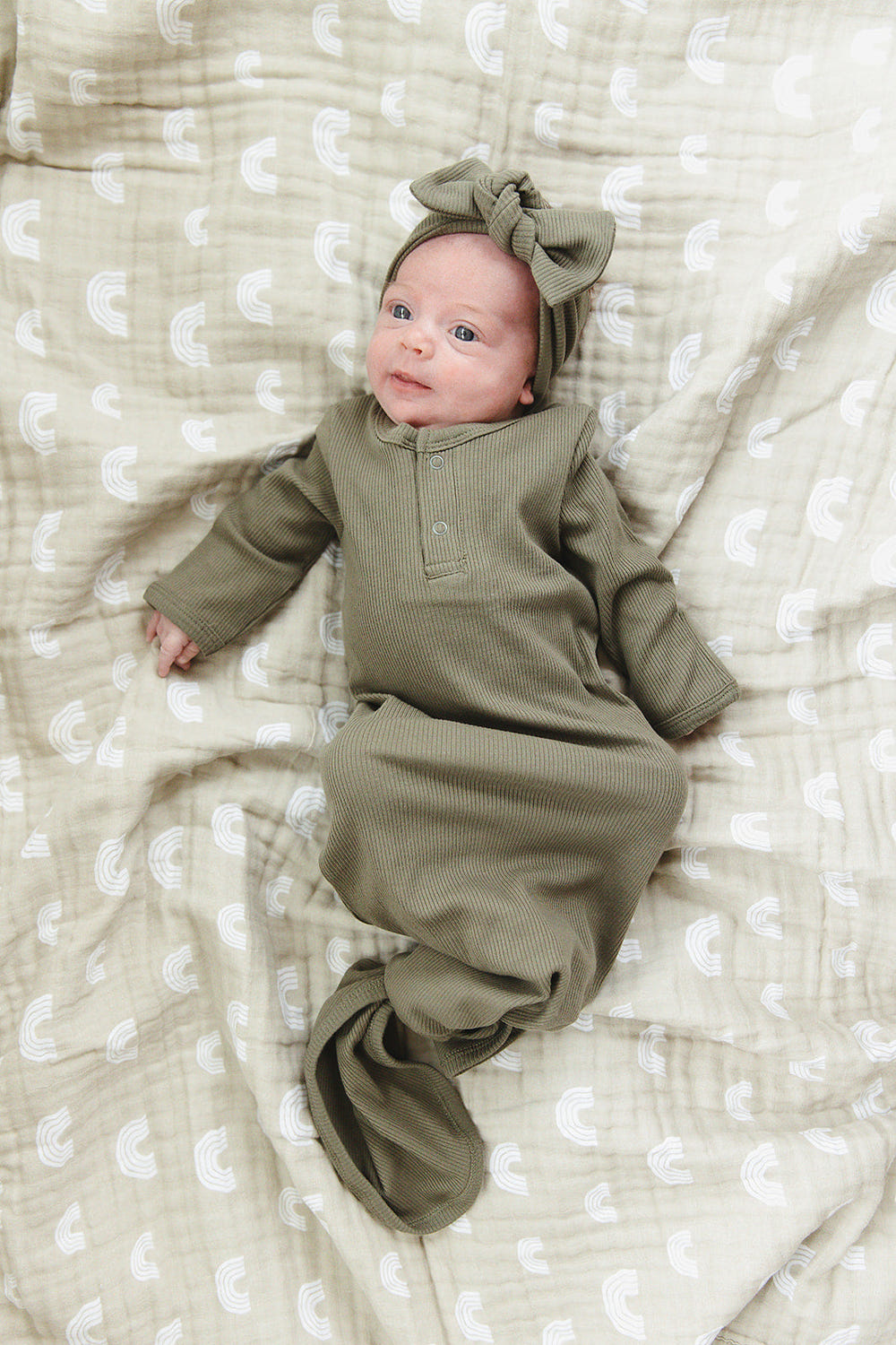 Winter Green Organic Cotton Ribbed Knot Gown - MOOGCO Baby