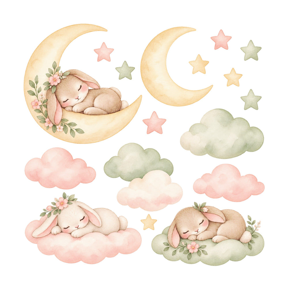 Sleeping Bunny Moon and Clouds Wall Decals, Set of 17, image 1