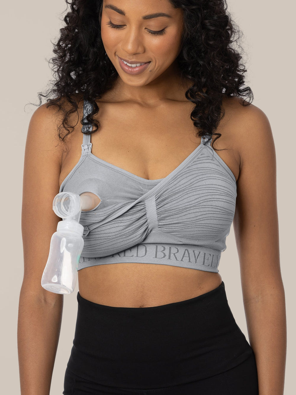 Sublime® Hands-Free Pumping & Nursing Bra in Grey - Comfortable and convenient for breastfeeding moms.