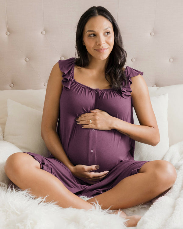 Ruffle Strap Labor & Delivery Gown | Burgundy Plum - MOOGCO Baby