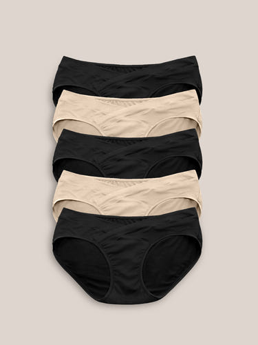 Under-the-bump bikini underwear pack in neutral colors, low rise style for comfort and support during pregnancy.