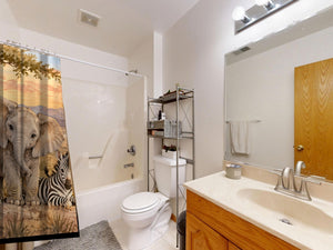 Sunset Savanna shower curtain on a tub shower combo in an American family bathroom
