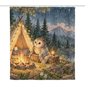 Moonlit Forest Camp Camping shower curtain, full front view of the 71 x 74 in fabric curtain