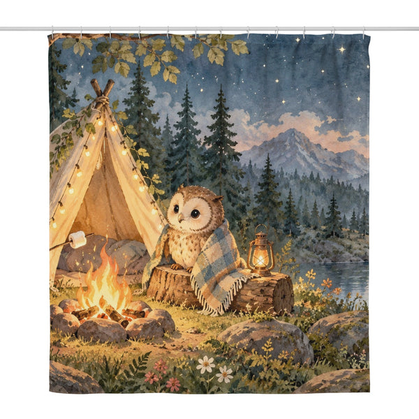 Moonlit Forest Camp Camping shower curtain, full front view of the 71 x 74 in fabric curtain