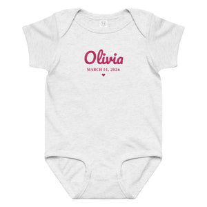 Embroidered baby name bodysuit, ash bodysuit with flamingo pink thread