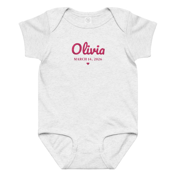 Embroidered baby name bodysuit, ash bodysuit with flamingo pink thread
