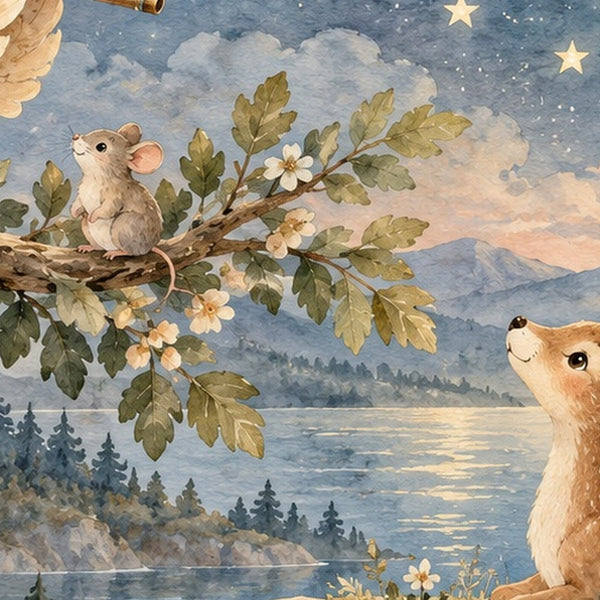 Owl Flute shower curtain, close up of the watercolor artwork