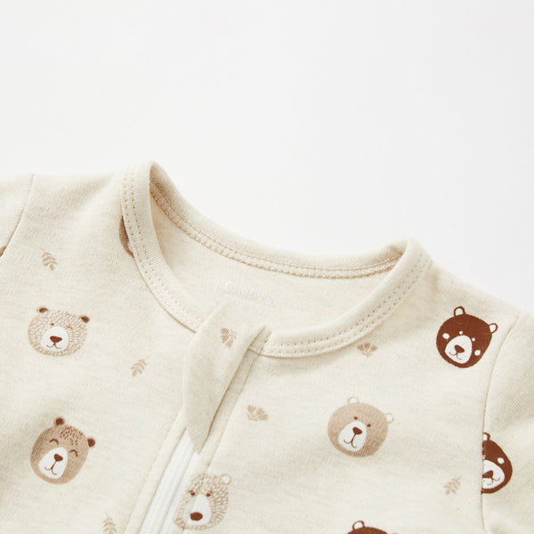 100% cotton footed zip pajamas for babies, 2 pack in Mini Bears & Beige, angle view.