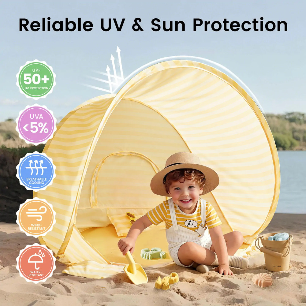 Tiny Land® One-Stop Beach Toy & Tent Set – Pastel Yellow Stripes