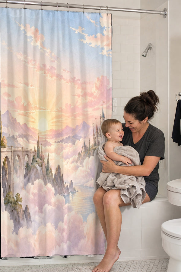 Mom holding her baby on the tub edge next to the Cloud Towers Fairy Tale shower curtain