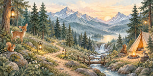 Watercolor Mountain Camp Camping Wall Mural, image 3