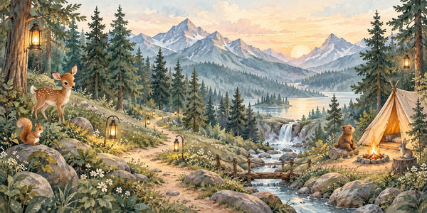 Watercolor Mountain Camp Camping Wall Mural, image 3