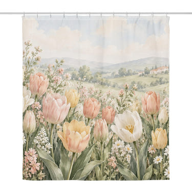 Pastel Tulip Field shower curtain, full front view of the 71 x 74 in fabric curtain