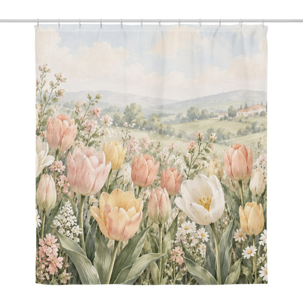 Pastel Tulip Field shower curtain, full front view of the 71 x 74 in fabric curtain