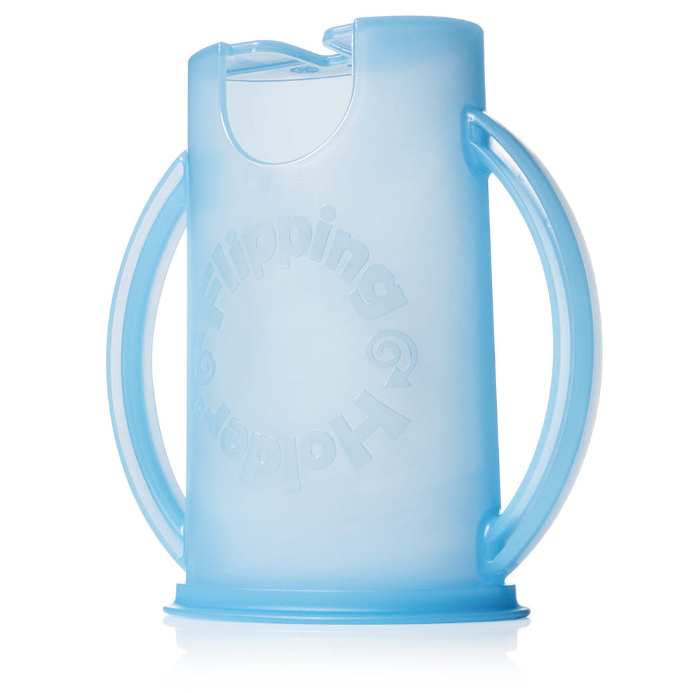 Flipping Holder DELUXE with lid in blue for baby and toddler tableware.