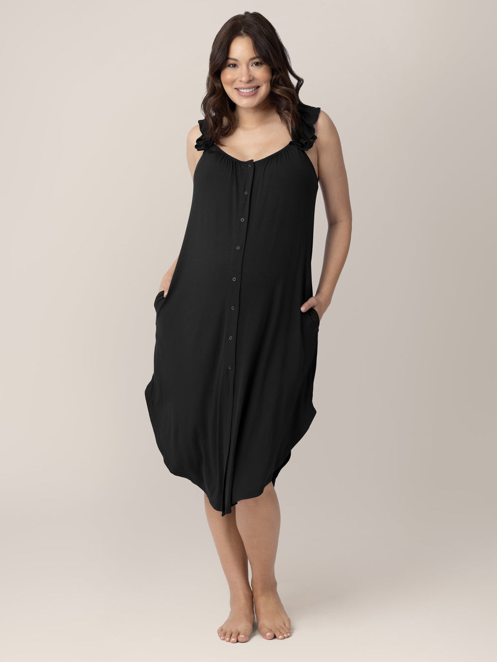 Ruffle Strap Labor & Delivery Gown | Black