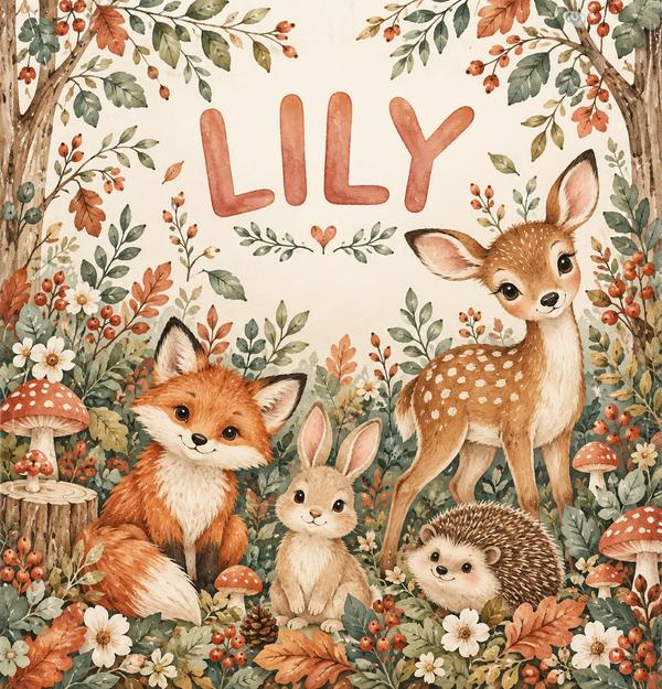 Woodland Friends watercolor artwork with the name Lily