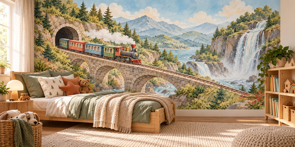 Watercolor Tunnel Waterfall Train Wall Mural, image 1