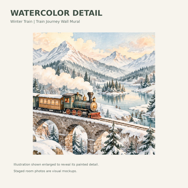Watercolor Winter Train Wall Mural, image 4