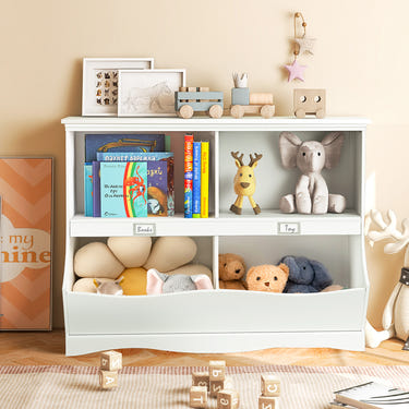 Kids storage unit toy organizer and bookshelf for children, perfect for keeping toys and books tidy.