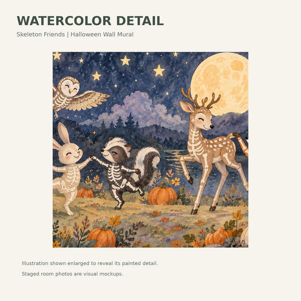 Watercolor Skeleton Friends Halloween Wall Mural, image 4
