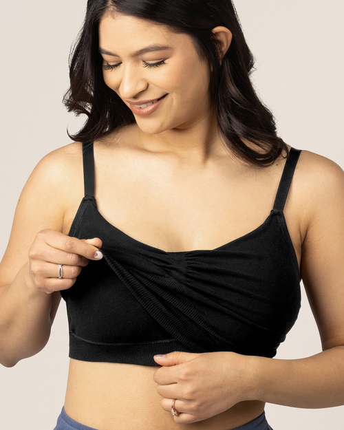 Sublime® Bamboo Hands-Free Pumping Lounge & Sleep Bra in Black, angle view showcasing comfort and style for new moms.