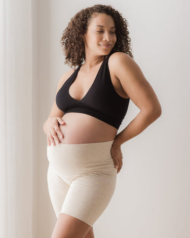 Sublime® Bamboo Maternity & Postpartum Bike Short in Oatmeal Heather, perfect for comfort during and after pregnancy.