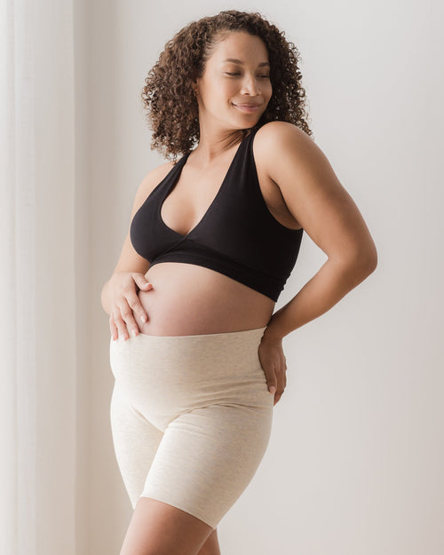 Sublime® Bamboo Maternity & Postpartum Bike Short in Oatmeal Heather, perfect for comfort during and after pregnancy.