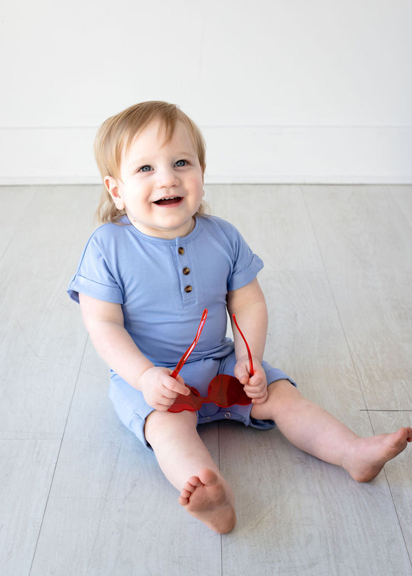 Henley Short Sleeve Romper - Chambray Blue