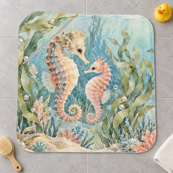 Seahorse Pair Ocean kids hooded bath towel laid flat