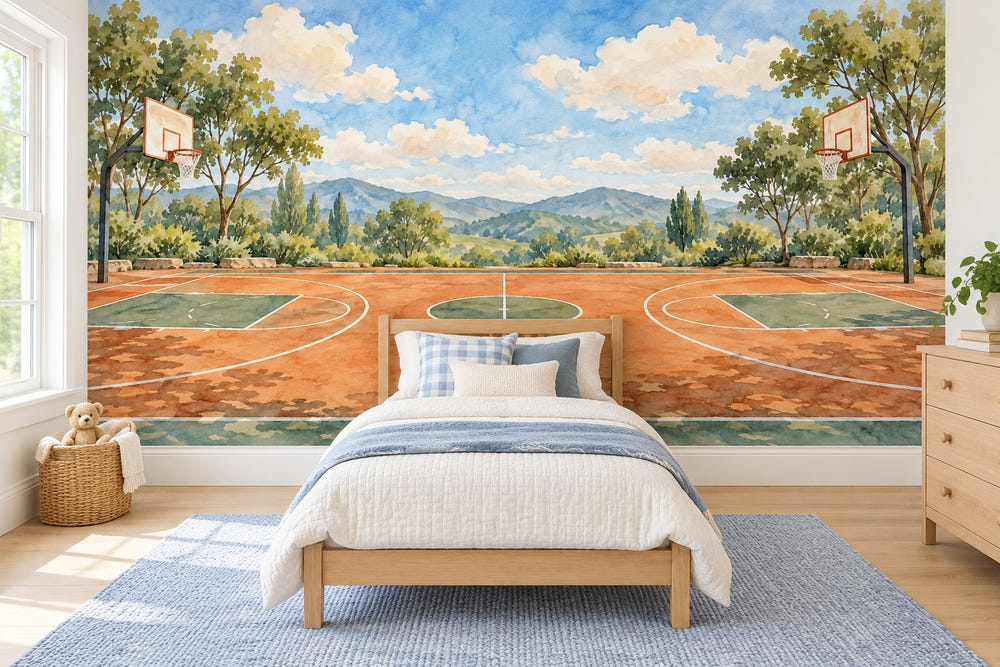 Watercolor Open Basketball Court Wall Mural, image 1
