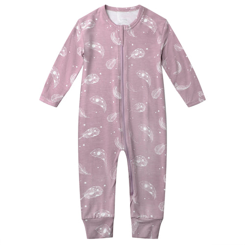 Bamboo long sleeve zip footless baby pajamas in feather mauve, soft and breathable for ultimate comfort.