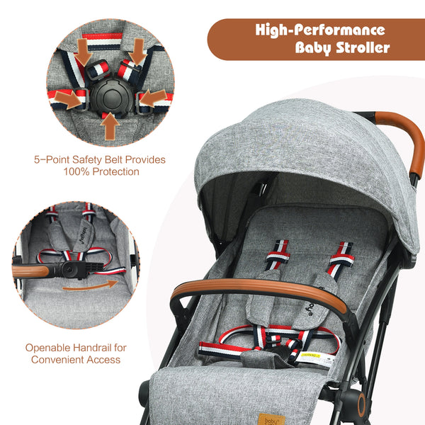 Lightweight aluminium frame baby stroller with net, angled view showcasing design and features. Perfect for travel.