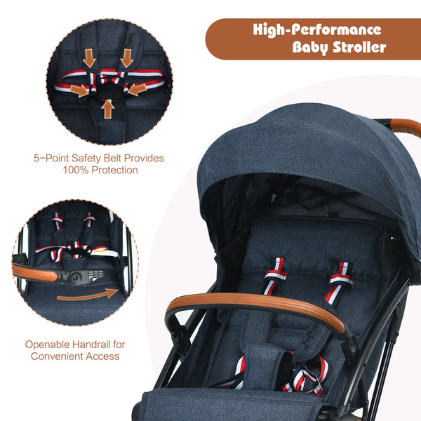 Lightweight aluminium frame baby stroller with net, angled view, perfect for travel and outdoor use.