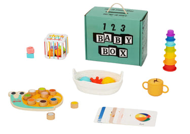 Montessori Educational Box for babies 7-8 months, featuring engaging toys and soft blankets for learning and comfort.