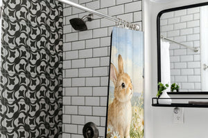 Daisy Meadow Bunny shower curtain in a modern farmhouse bathroom with subway tile